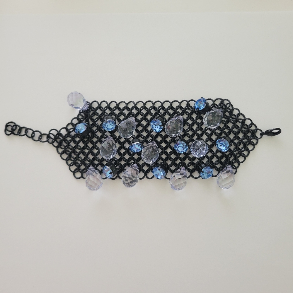 Y2K Black Mesh Cuff Bracelet Faceted Acrylic Charm Beads Gothic Goth Punk 8"